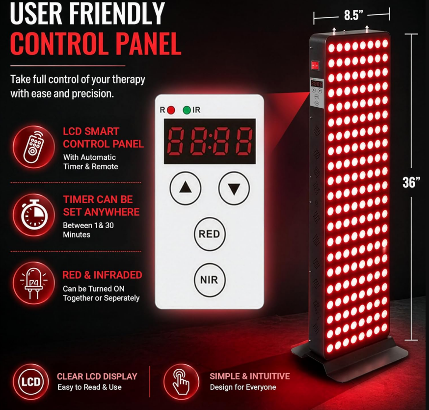 EXESAS LCD control panel with remote: separate RED and NIR channels, 1-30 minute timer, LCD display, separate on/off for each channel