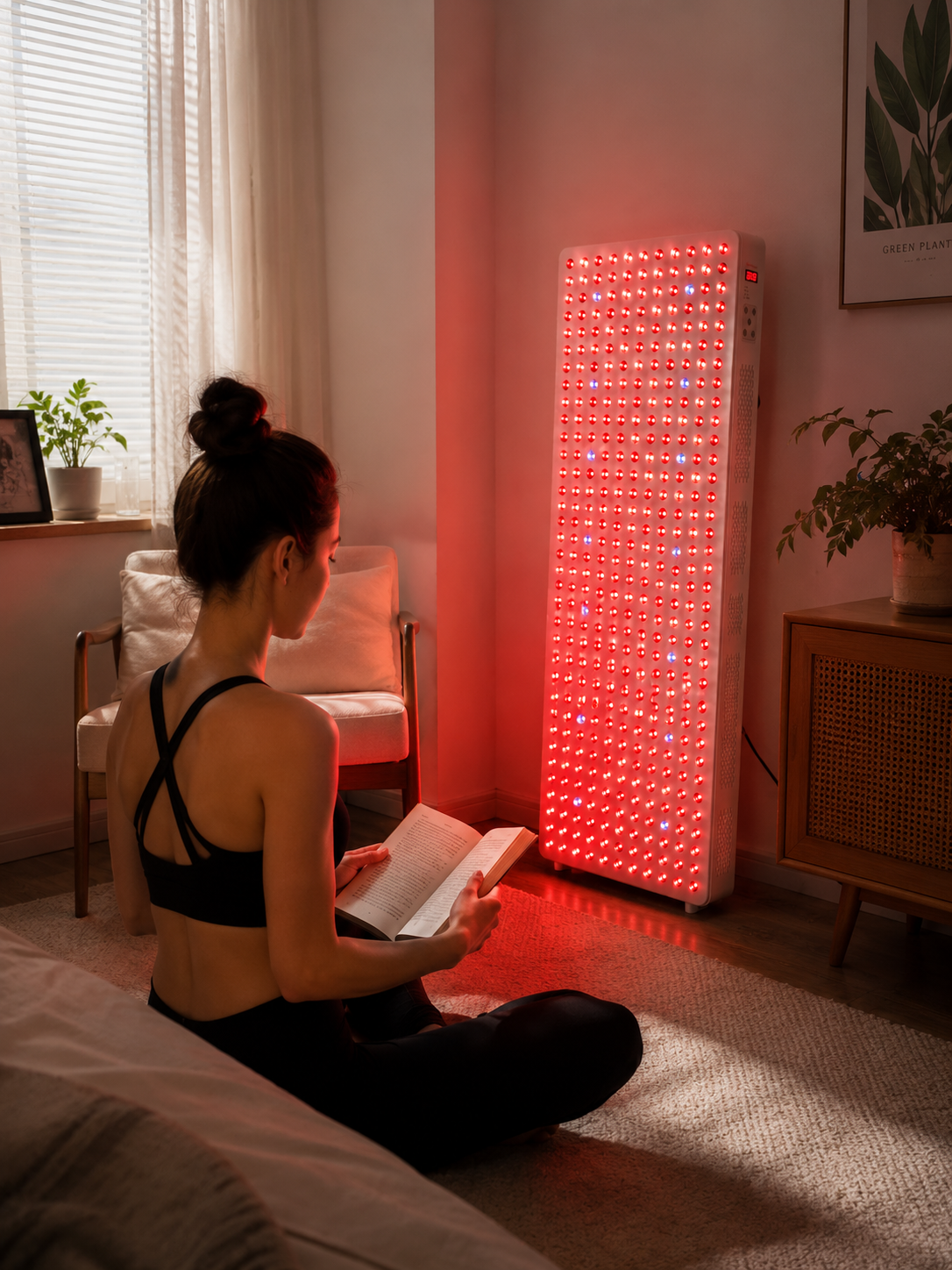 Red light therapy panel mounted on Sprinter van rear barn doors with treatment session in progress