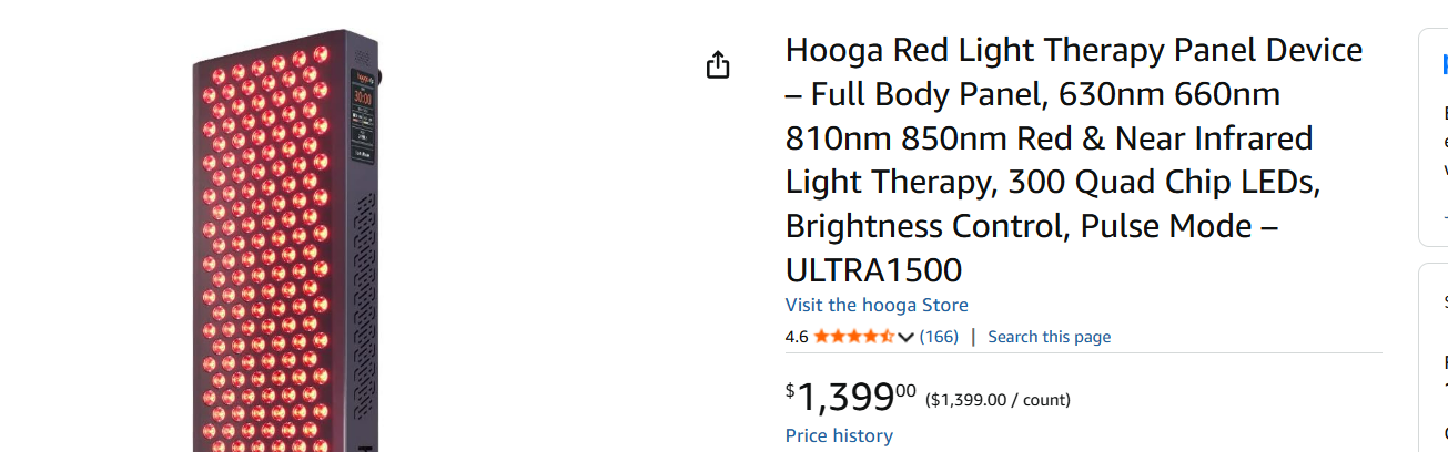 Hooga ULTRA1500 full body red light therapy panel product listing on Amazon