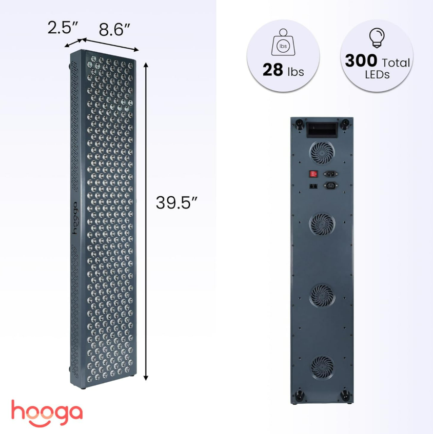 Hooga ULTRA1500 dimensions: 39.5 inches tall, 8.6 inches wide, 2.5 inches deep, 28 lbs, 300 LEDs