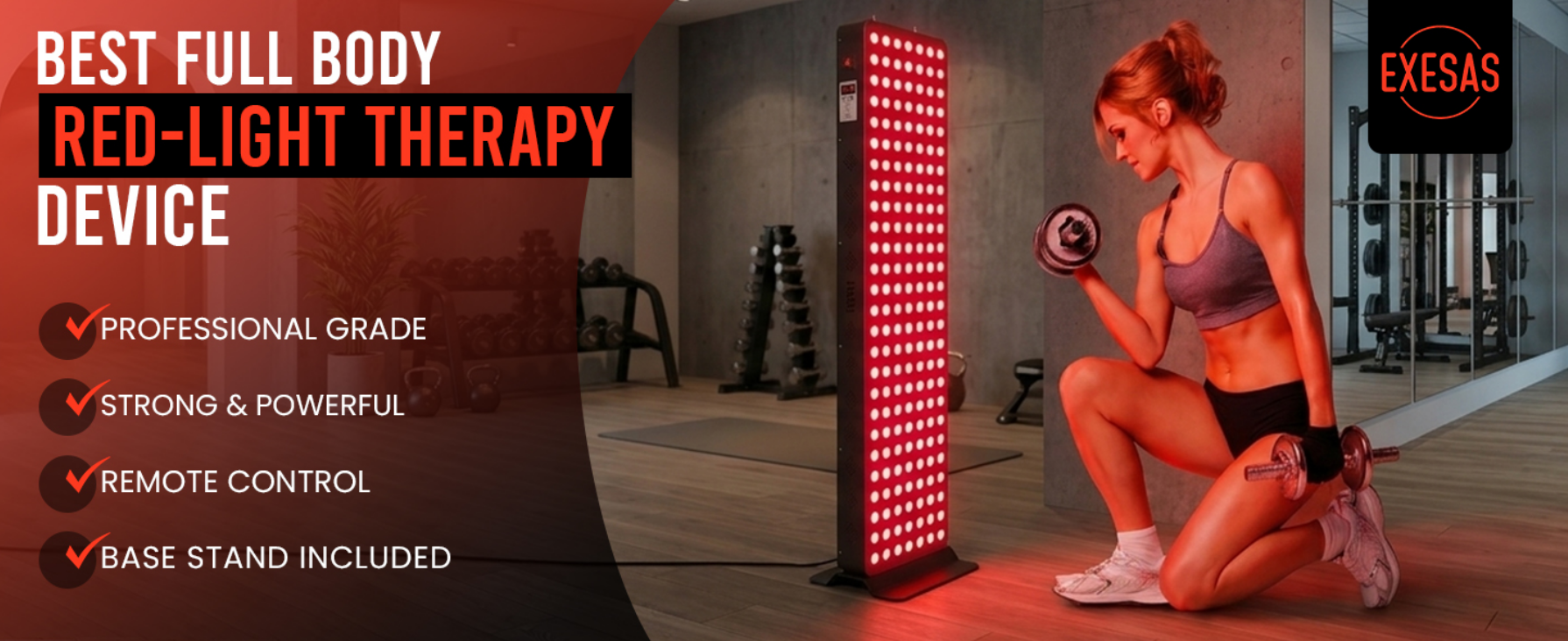 EXESAS full body red light therapy device: professional grade, strong and powerful, remote control, base stand included, gym lifestyle usage