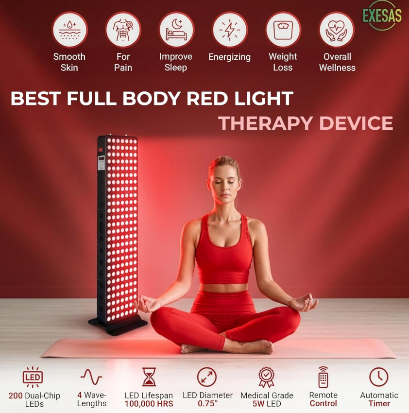 EXESAS panel running in bedroom, red light illuminating entire room and bed from elevated position