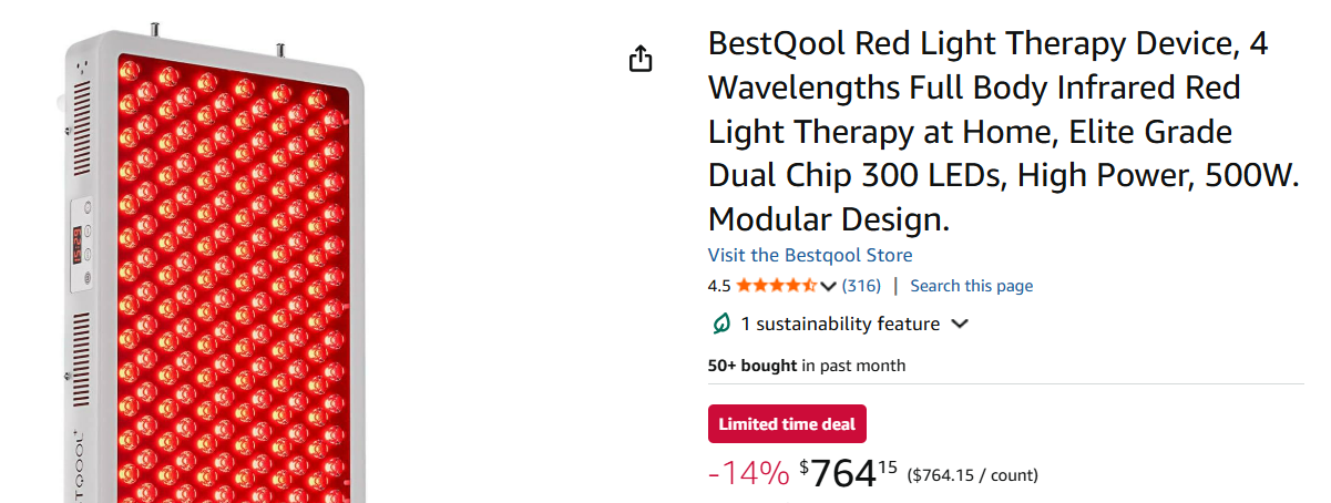 BestQool Pro300 Amazon listing: 4 wavelengths, 300 dual-chip LEDs, 500W, modular design, $764