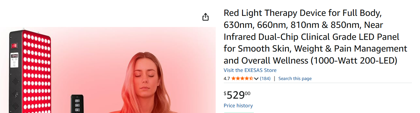 EXESAS red light therapy panel Amazon listing: 200 dual-chip LEDs, 630/660/810/850nm, 1000W class, $529, 4.7 stars 184 reviews